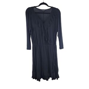 Nina Leonard Black Ruffle Trim Knee Length Faux Wrap Dress Women's Size L